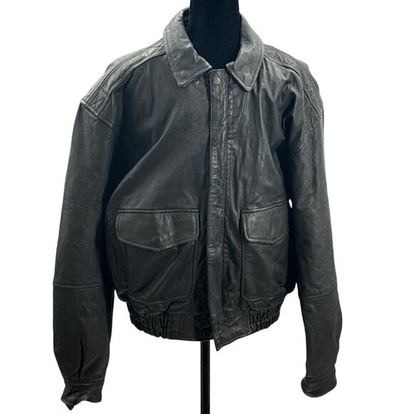 Vintage Y2K Men's Black Leather Aviator Jacket Large - Picture 2 of 7
